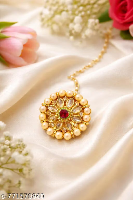 Royal Kundan Pearl Maang Tikka & Nath Set – Traditional Bridal Nose Ring & Headband Accessories Combo