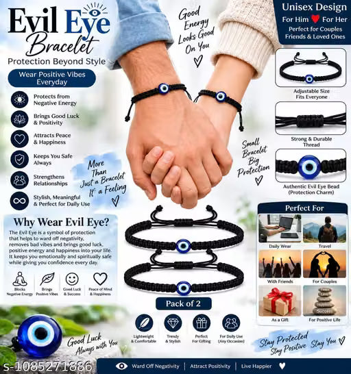 Adjustable Evil Eye Protection Bracelet (Unisex Couple/Pair Set) – Black Cord Nazar Thread Band Pack of 2