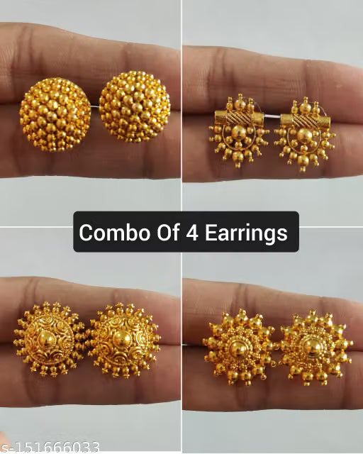 Traditional Trend 1gm Gold-Plated Stud Earrings Combo – Pack of 4 Pairs for Women & Girls