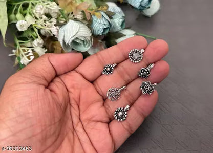 German Silver Oxidized Clip-On Press Nose Pin Set – Antique Non-Piercing Ethnic Nose Ring Combo for Women & Girls