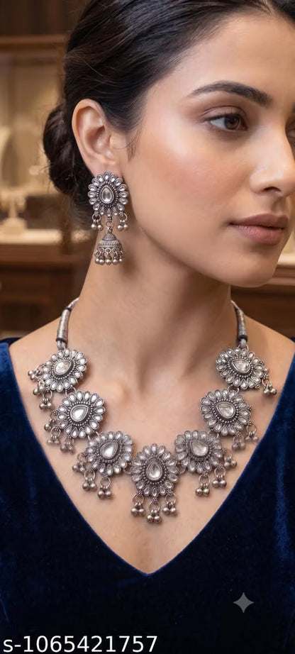 Oxidized German Silver Floral Choker Necklace Set with Mirror Kundan Stones & Matching Jhumki Earrings