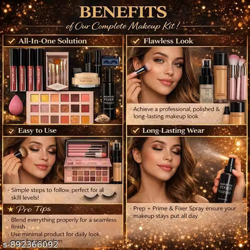 Ultimate 12-Piece Makeup Kit Combo – Full Face Set with Eyeshadow Palette, Foundation, Liquid Lipsticks, Setting Spray & Brushes
