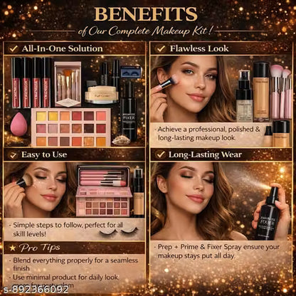 Ultimate 12-Piece Makeup Kit Combo – Full Face Set with Eyeshadow Palette, Foundation, Liquid Lipsticks, Setting Spray & Brushes