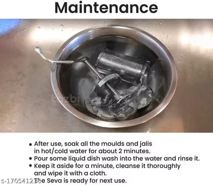 Heavy-Duty Stainless Steel Kitchen Press & Sev Sancha – Manual Snack Maker with 6 Interchangeable Jali Discs for Chakli, Murukku & Idiyappam