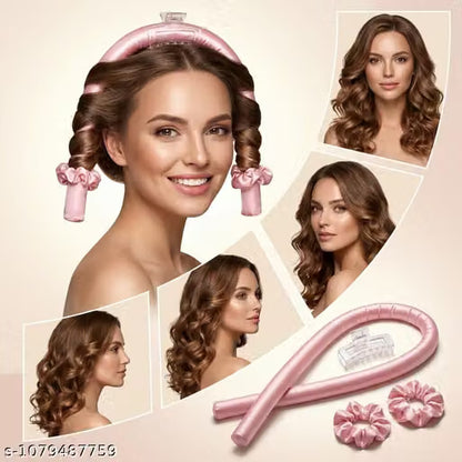 Pink Satin Heatless Hair Curler Set – Overnight No-Heat Curling Rod with Clear Claw Clip & 2 Scrunchies