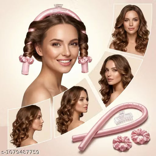 Pink Satin Heatless Hair Curler Set – Overnight No-Heat Curling Rod with Clear Claw Clip & 2 Scrunchies