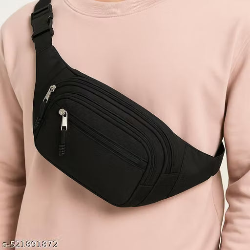 Men's Sleek Black Casual Waist Bag – Stylo Water-Repellent Belt Pouch & Crossbody Sling for Daily Travel
