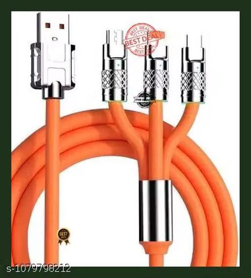 3-in-1 120W Multi Fast Charging Cable – Heavy Duty Thick Silicone Cord with Type-C, Micro-USB & Lightning Connectors