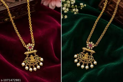 Traditional Gold-Plated Goddess Lakshmi Double-Layer Chain Necklace with Pearls & Stones