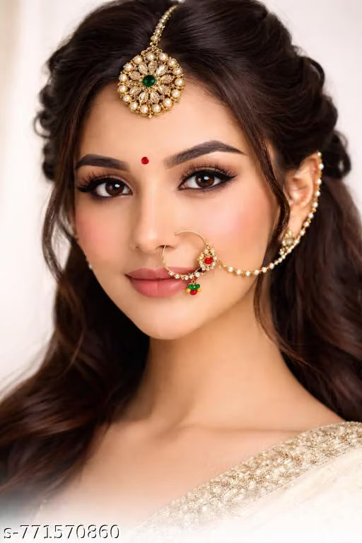 Royal Kundan Pearl Maang Tikka & Nath Set – Traditional Bridal Nose Ring & Headband Accessories Combo