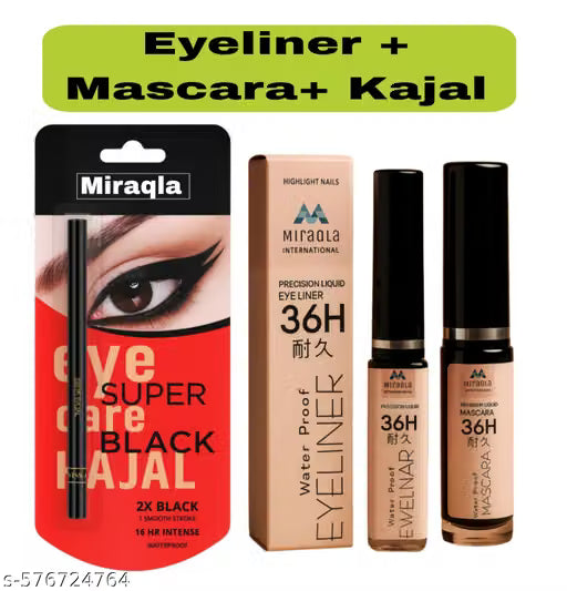 Miraqla 3-in-1 Eye Makeup Set – 36H Waterproof Liquid Eyeliner, Volumizing Mascara & 2X Super Black Kajal Pencil