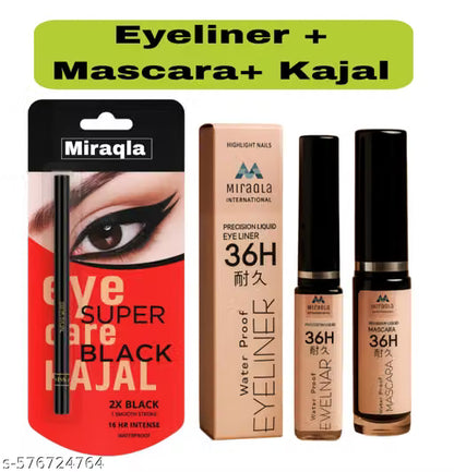 Miraqla 3-in-1 Eye Makeup Set – 36H Waterproof Liquid Eyeliner, Volumizing Mascara & 2X Super Black Kajal Pencil