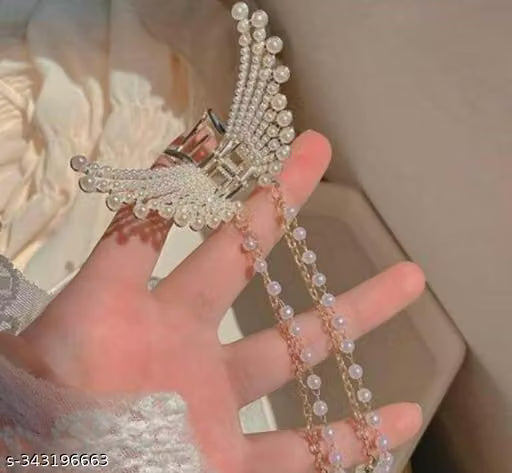 Korean Pearl Angel Wing Metal Hair Claw Clip with Long Hanging Tassel Chains for Women & Girls