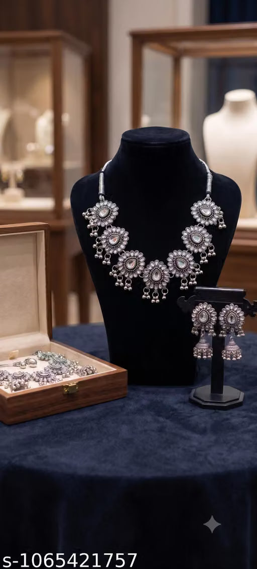 Oxidized German Silver Floral Choker Necklace Set with Mirror Kundan Stones & Matching Jhumki Earrings