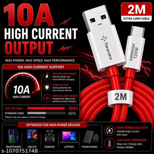 120W 10A SuperFast USB to Type-C Charging Cable (2 Meter) – 5-Core Unbreakable TPE SuperVOOC Data Cable