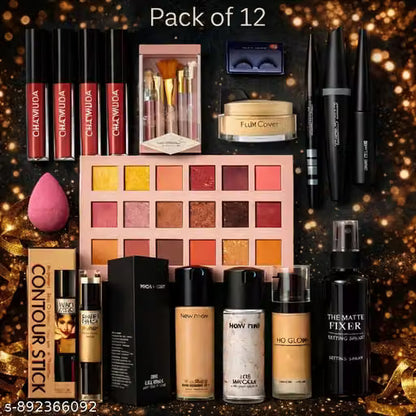 Ultimate 12-Piece Makeup Kit Combo – Full Face Set with Eyeshadow Palette, Foundation, Liquid Lipsticks, Setting Spray & Brushes