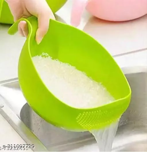 Multipurpose Plastic Rice Washing Bowl & Strainer – Ergonomic Colander Basin with Handle for Rice, Dal, Fruits & Vegetables