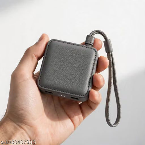10000mAh Compact Leather Mini Power Bank – Fast Charging Type-C Portable Charger with Lanyard Strap
