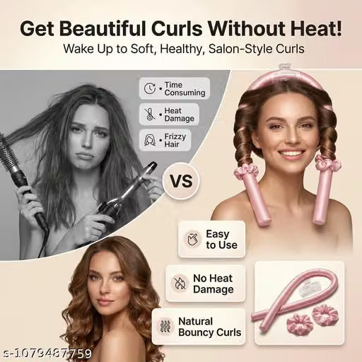 Pink Satin Heatless Hair Curler Set – Overnight No-Heat Curling Rod with Clear Claw Clip & 2 Scrunchies