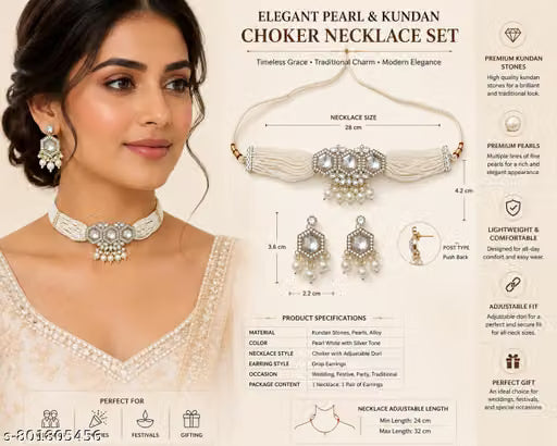 Royal Pearl Choker Necklace Set with Kundan Crystal Pendant & Matching Earrings