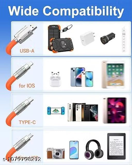 3-in-1 120W Multi Fast Charging Cable – Heavy Duty Thick Silicone Cord with Type-C, Micro-USB & Lightning Connectors