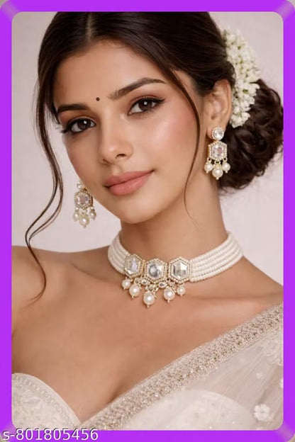 Royal Pearl Choker Necklace Set with Kundan Crystal Pendant & Matching Earrings
