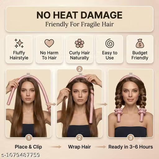 Pink Satin Heatless Hair Curler Set – Overnight No-Heat Curling Rod with Clear Claw Clip & 2 Scrunchies