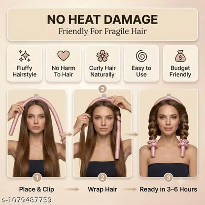 Pink Satin Heatless Hair Curler Set – Overnight No-Heat Curling Rod with Clear Claw Clip & 2 Scrunchies