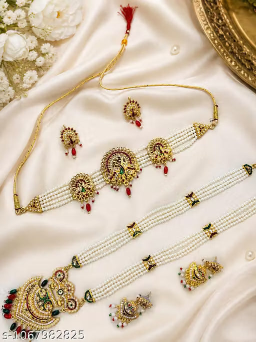 Royal Rajwadi Kundan Pearl Meenakari Bridal Jewellery Set – Multi-Layer Rani Haar & Choker Combo