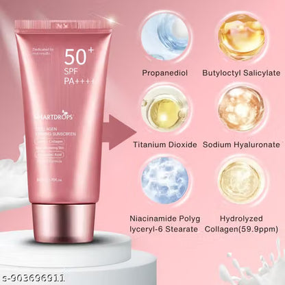 SPF 50+ PA++++ Skin Glow Collagen Sunscreen Cream (80ml - Pack of 3) – Broad Spectrum UV Protection with Vitamin E
