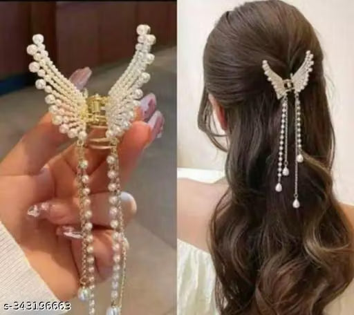 Korean Pearl Angel Wing Metal Hair Claw Clip with Long Hanging Tassel Chains for Women & Girls