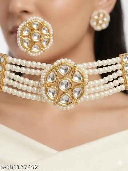 Traditional Gold-Plated Goddess Lakshmi Double-Layer Chain Necklace with Pearls & Stones