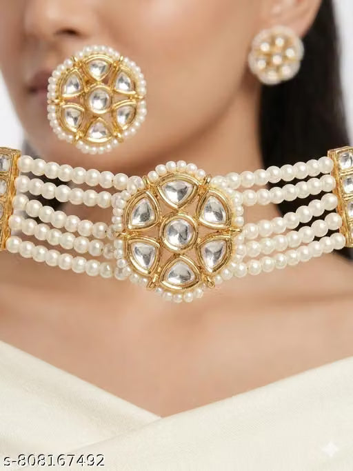 Traditional Gold-Plated Goddess Lakshmi Double-Layer Chain Necklace with Pearls & Stones