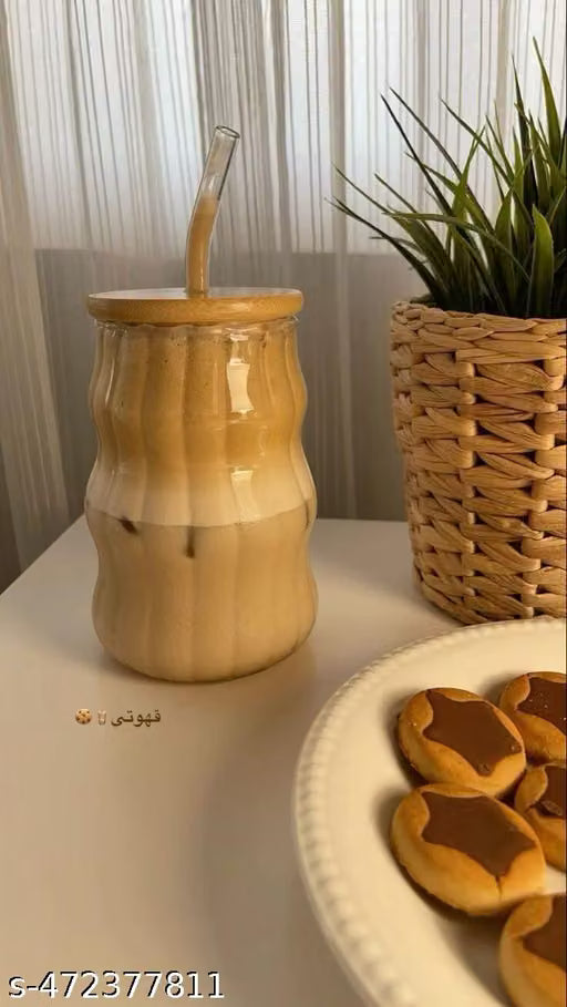 Aesthetic Wave shape coffee tumblers with wooden lid and straw (Pack of 1) for coffee, milk shakes, smoothies, cold beverages and many more