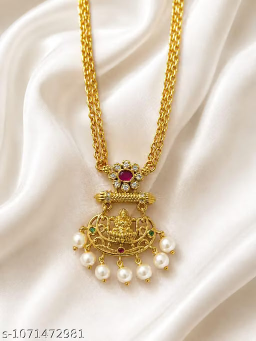 Traditional Gold-Plated Goddess Lakshmi Double-Layer Chain Necklace with Pearls & Stones