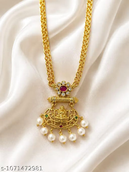 Traditional Gold-Plated Goddess Lakshmi Double-Layer Chain Necklace with Pearls & Stones