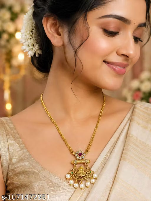 Traditional Gold-Plated Goddess Lakshmi Double-Layer Chain Necklace with Pearls & Stones