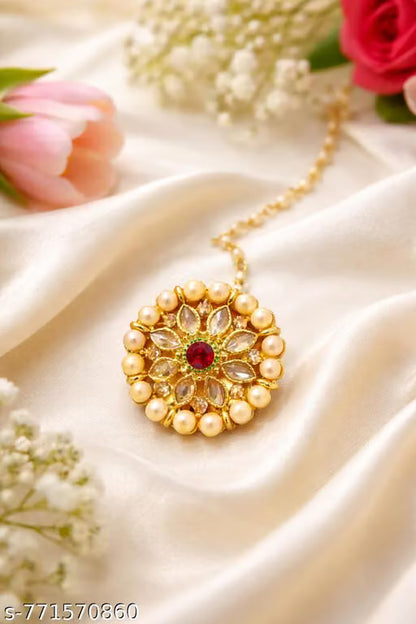 Royal Kundan Pearl Maang Tikka & Nath Set – Traditional Bridal Nose Ring & Headband Accessories Combo