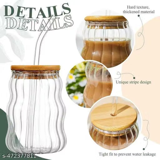 Aesthetic Wave shape coffee tumblers with wooden lid and straw (Pack of 1) for coffee, milk shakes, smoothies, cold beverages and many more