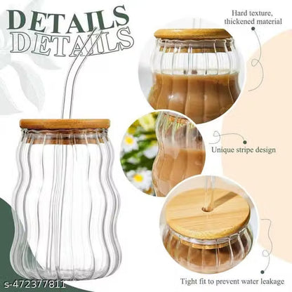 Aesthetic Wave shape coffee tumblers with wooden lid and straw (Pack of 1) for coffee, milk shakes, smoothies, cold beverages and many more