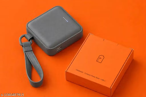 10000mAh Compact Leather Mini Power Bank – Fast Charging Type-C Portable Charger with Lanyard Strap