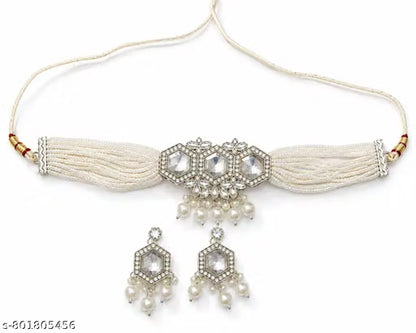 Royal Pearl Choker Necklace Set with Kundan Crystal Pendant & Matching Earrings