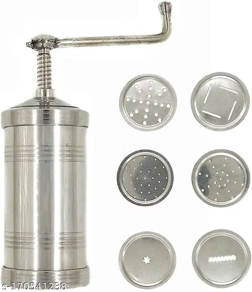 Heavy-Duty Stainless Steel Kitchen Press & Sev Sancha – Manual Snack Maker with 6 Interchangeable Jali Discs for Chakli, Murukku & Idiyappam